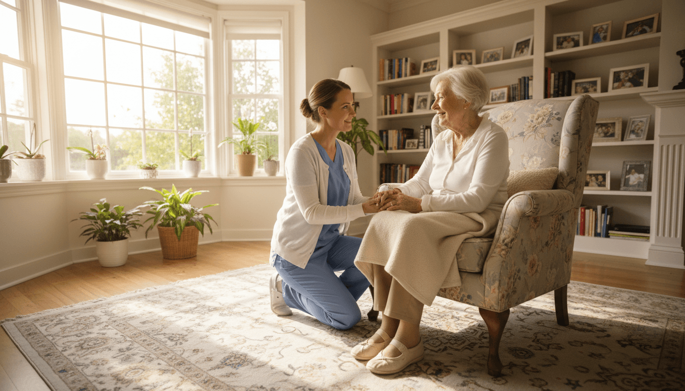 Elderly woman and caregiver sharing a quiet moment at home