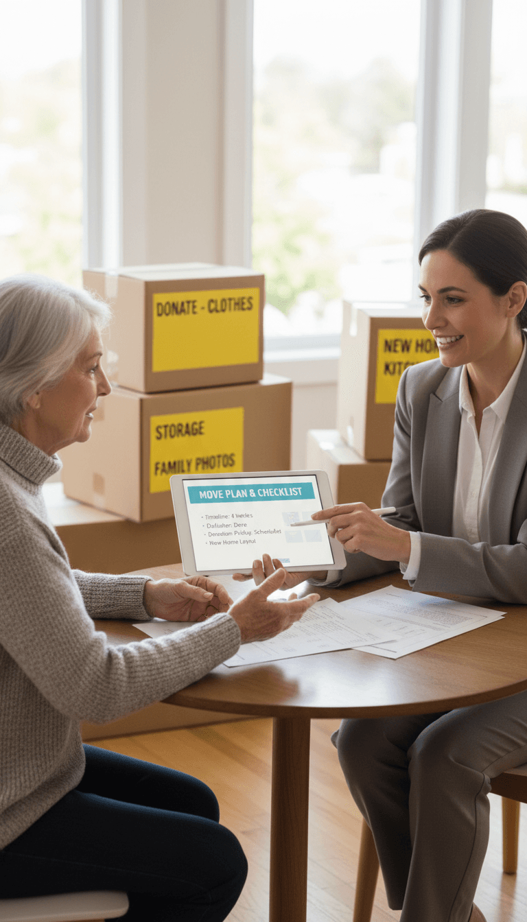 Senior woman and consultant planning a move with organized boxes, symbolizing transition support.