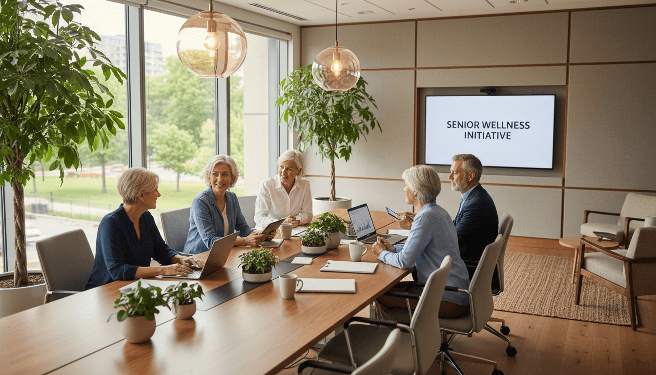 Senior care team working in a modern office with warm natural lighting.