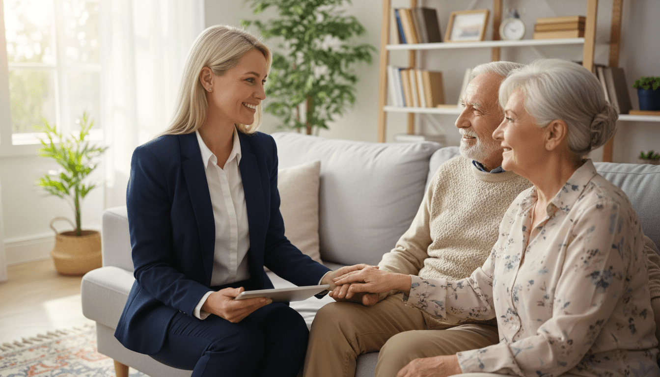 Compass Senior Navigation Services founder Christine Flynn speaking with a senior client in a comfortable home setting