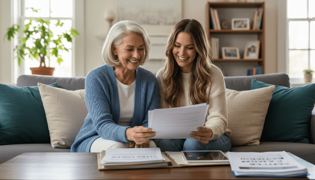 senior woman and adult daughter sitting together at home looking at documents and smiling