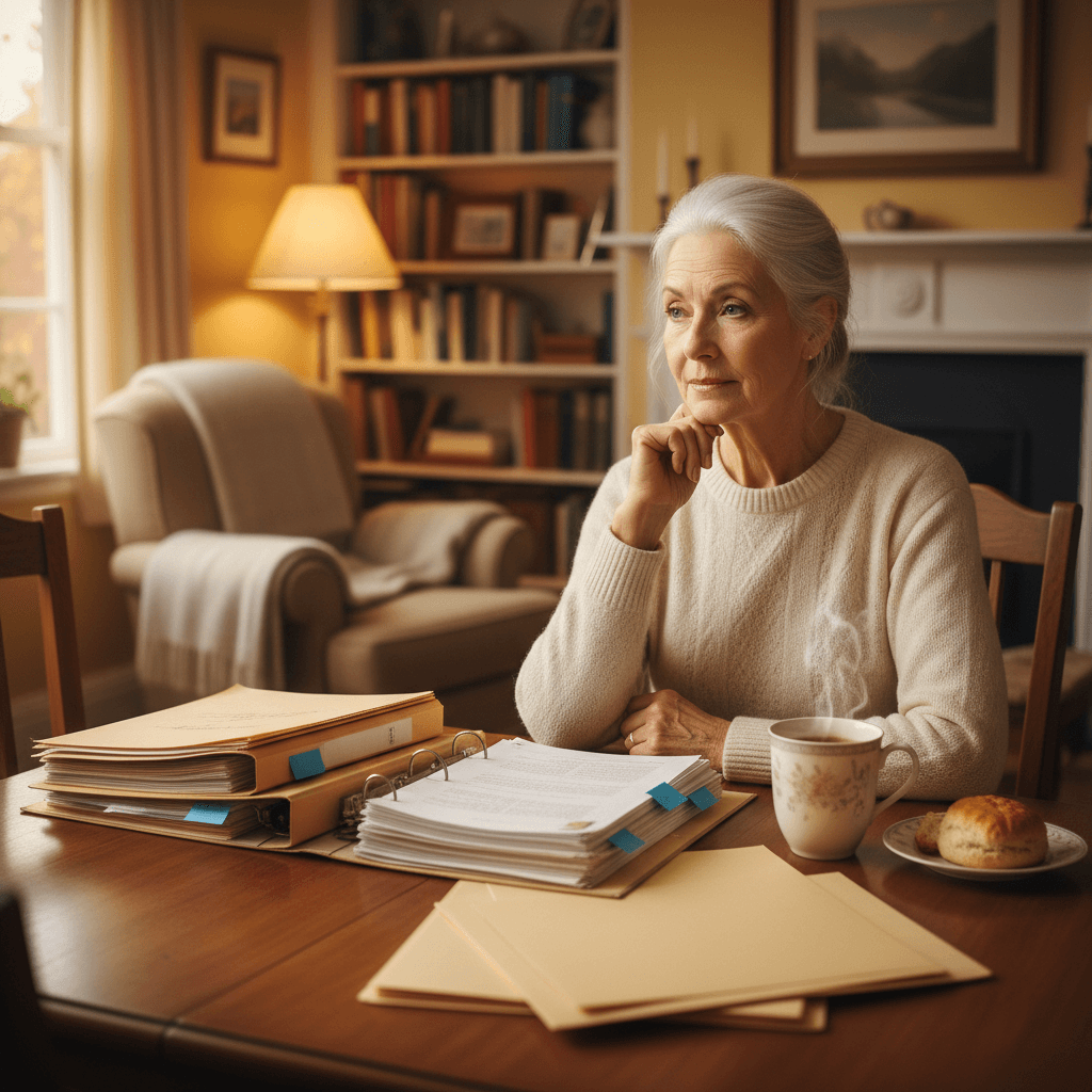 Older woman at table sorting paperwork