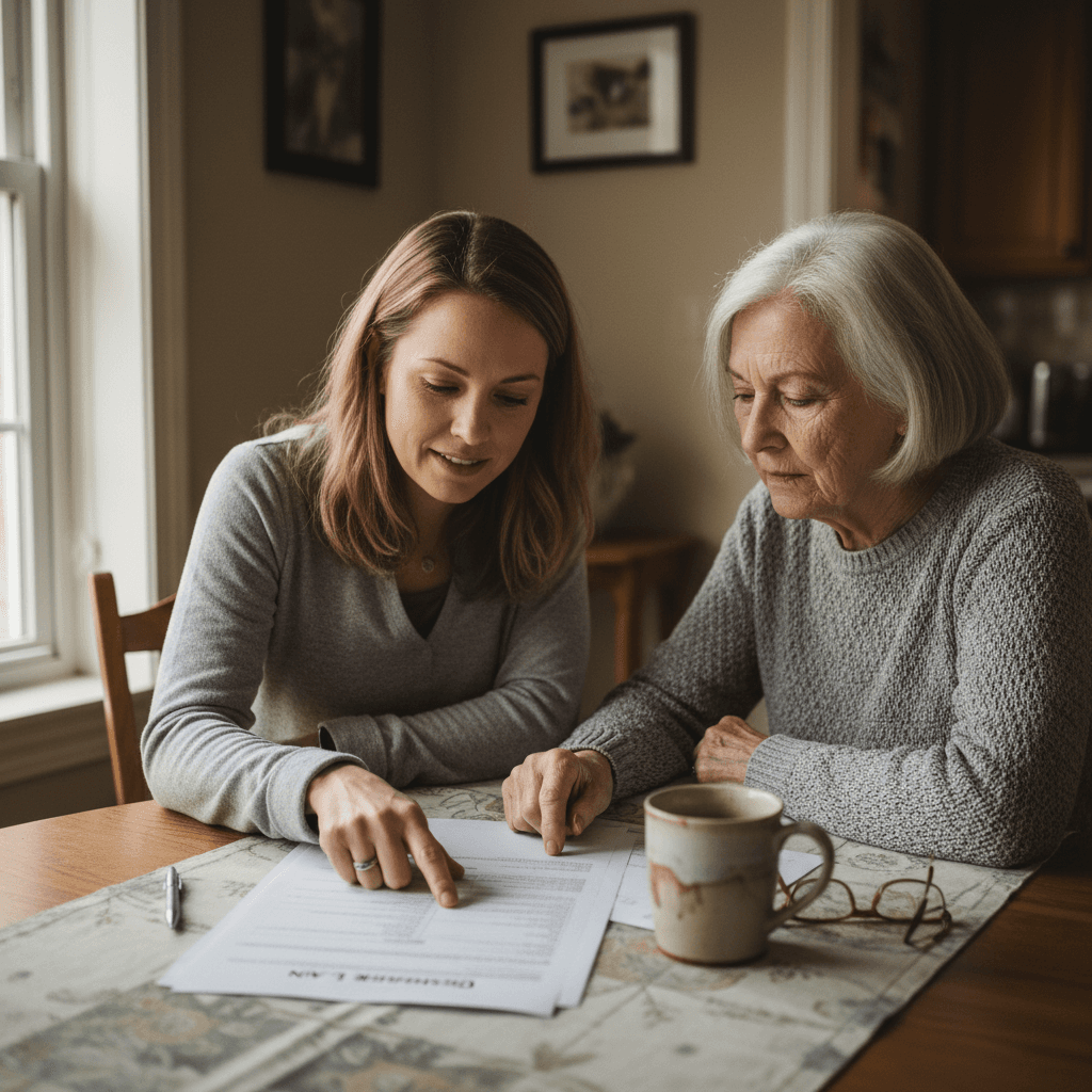 Christine Flynn reviewing hospital discharge papers with a senior client at a kitchen table