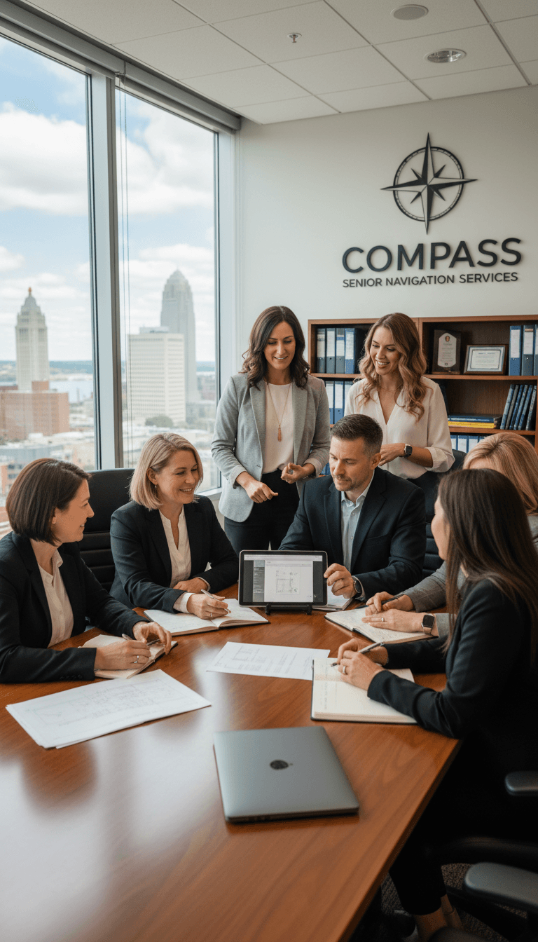Compass Senior Navigation Services team collaborating in a modern office.
