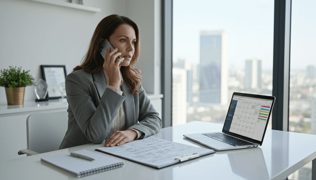 Businesswoman on phone at desk with calendar, notepad, and laptop, conveying focus.