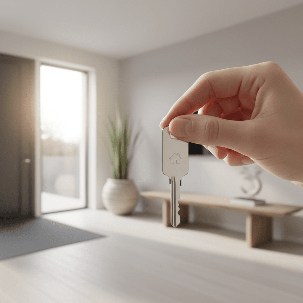 Close-up of hand holding property key with newly renovated modern home entryway in soft, warm natural light
