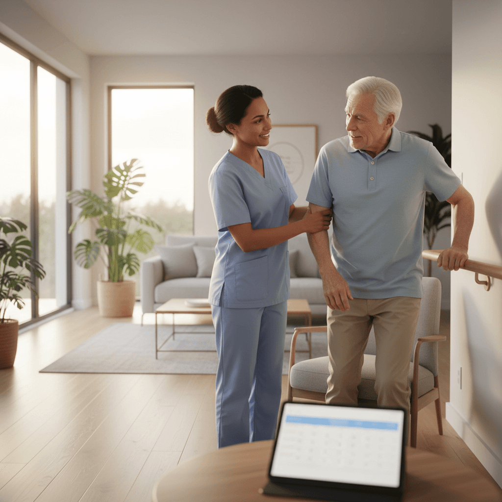 Professional caregiver assisting elderly patient with standing and mobility in bright home environment