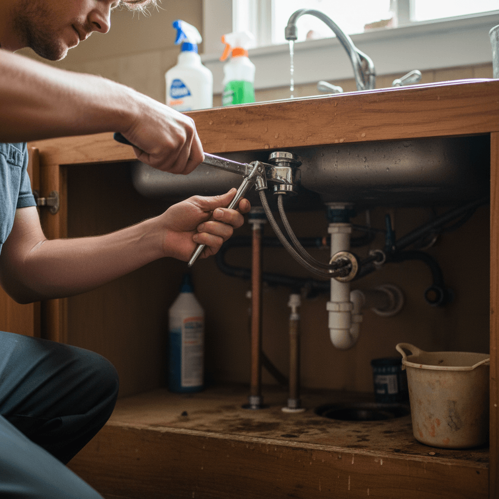 Technician's hands installing new kitchen faucet under sink with precision tools and natural light
