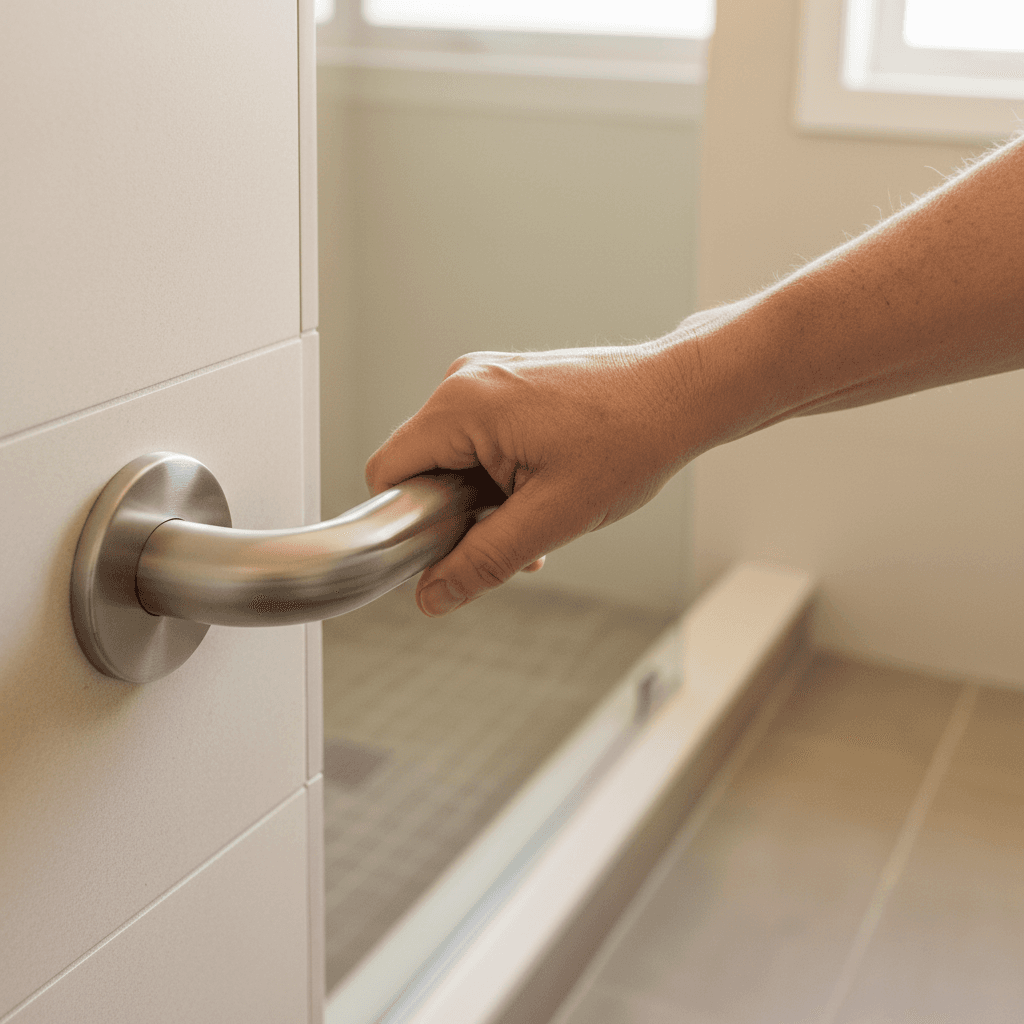 Mature adult hand gripping polished chrome grab bar beside modern accessible walk-in shower