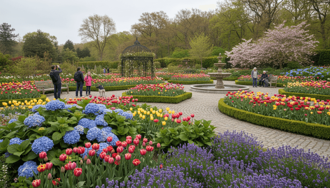 Expansive flowering garden with visitors strolling pathways lined with vibrant seasonal blooms and manicured greenery in soft morning light