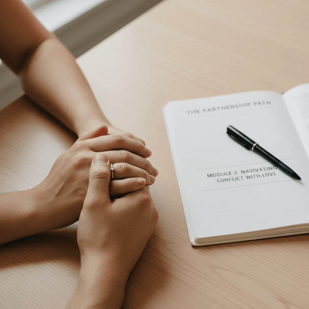 Close-up of couple's hands clasped together on wooden table beside open relationship guidance workbook