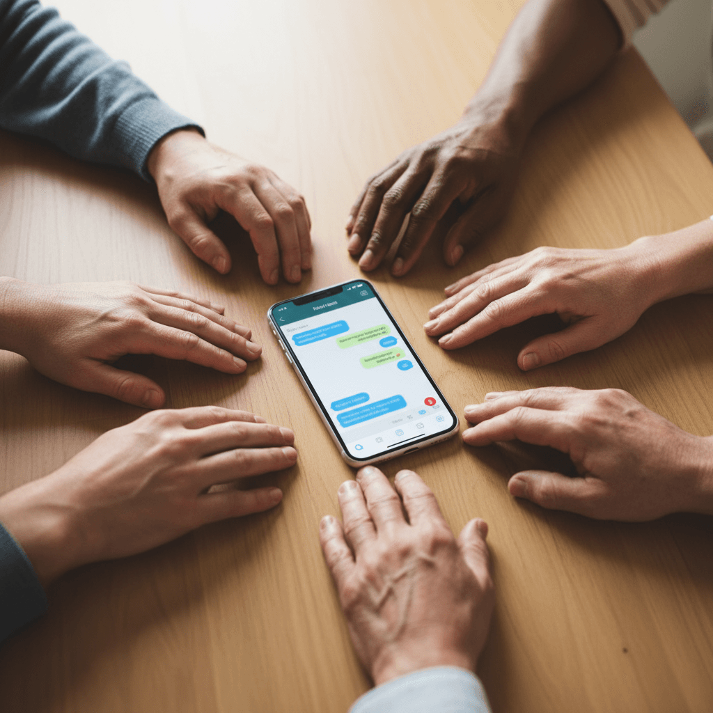 Diverse hands gathered around smartphone displaying active messaging conversation with multiple chat bubbles