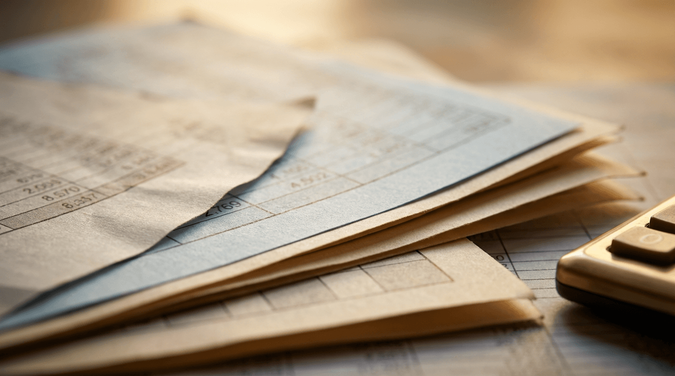 Layered financial documents and spreadsheets with shallow focus emphasizing data organization and analysis.